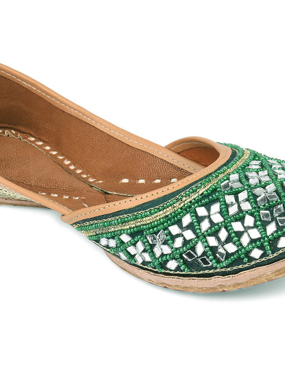 DESI COLOUR Women Green Ethnic Embellished Mojaris Flats