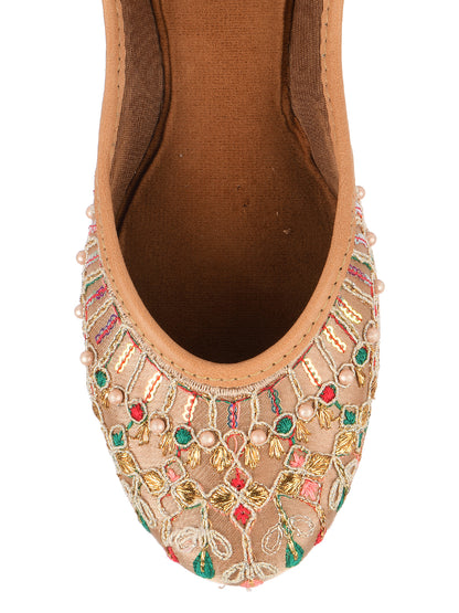 DESI COLOUR Women Beige Embellished Ethnic Comfy Punjabi Jutti