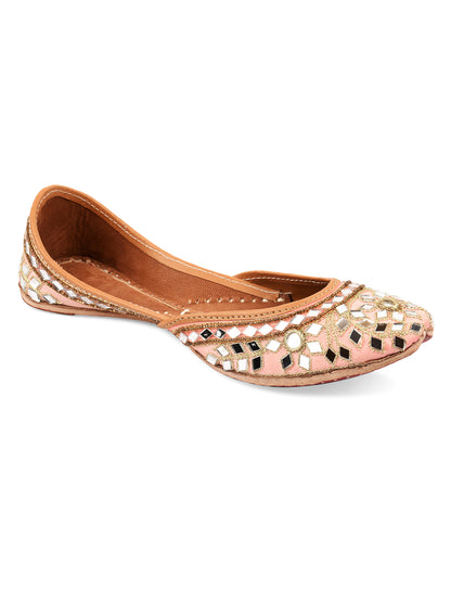 DESI COLOUR Women Peach-Coloured Embellished Leather Mojaris