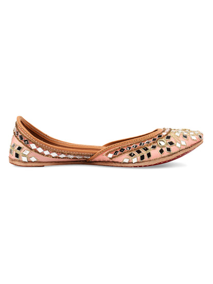 DESI COLOUR Women Peach-Coloured Embellished Leather Mojaris