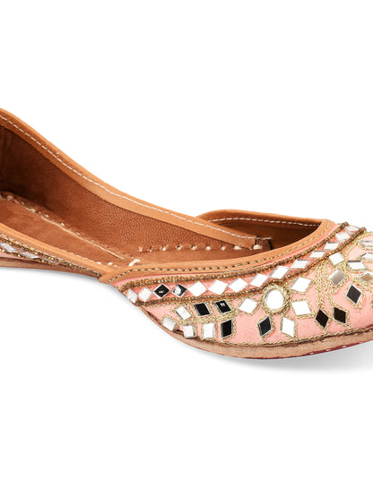 DESI COLOUR Women Peach-Coloured Embellished Leather Mojaris