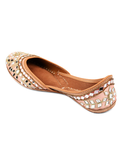 DESI COLOUR Women Peach-Coloured Embellished Leather Mojaris