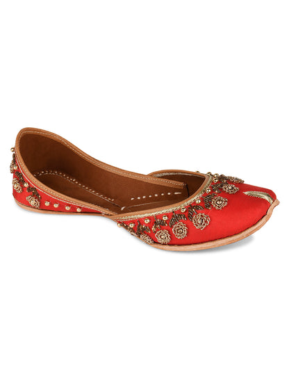 DESI COLOUR Women Red Embellished Leather Mojaris