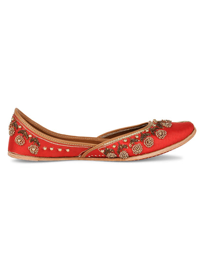 DESI COLOUR Women Red Embellished Leather Mojaris