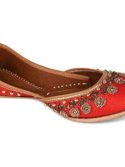 DESI COLOUR Women Red Embellished Leather Mojaris