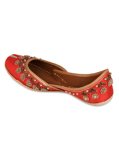 DESI COLOUR Women Red Embellished Leather Mojaris