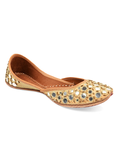 DESI COLOUR Women Yellow Embellished Leather Mojaris