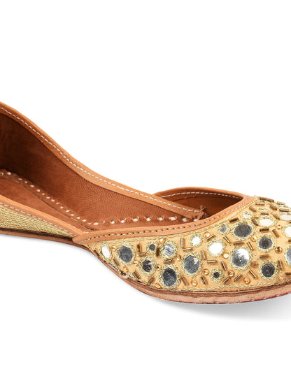 DESI COLOUR Women Yellow Embellished Leather Mojaris