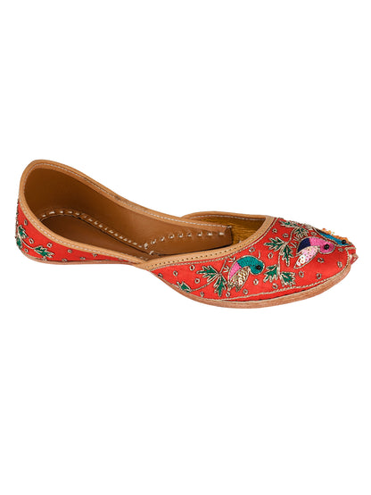 DESI COLOUR Women Red Embellished Leather Mojaris