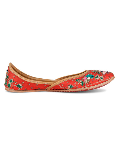 DESI COLOUR Women Red Embellished Leather Mojaris