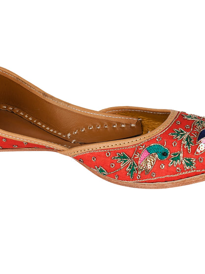 DESI COLOUR Women Red Embellished Leather Mojaris