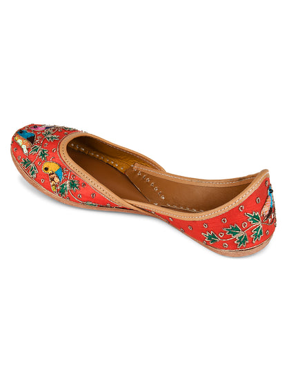 DESI COLOUR Women Red Embellished Leather Mojaris