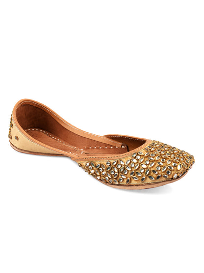 DESI COLOUR Women Gold-Toned Embellished Leather Mojaris