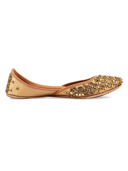 DESI COLOUR Women Gold-Toned Embellished Leather Mojaris