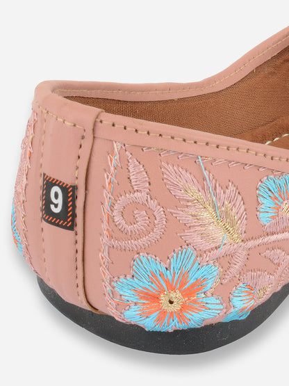 DESI COLOUR Women Peach-Coloured Printed Leather Ethnic Ballerinas Flats