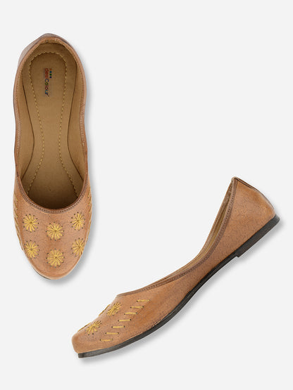 DESI COLOUR Women Brown Embellished Leather Ethnic Ballerinas Flats