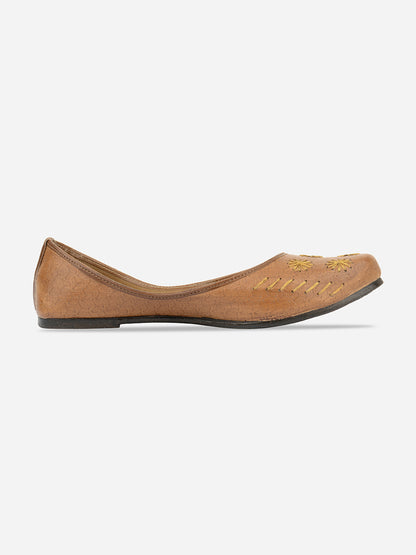 DESI COLOUR Women Brown Embellished Leather Ethnic Ballerinas Flats