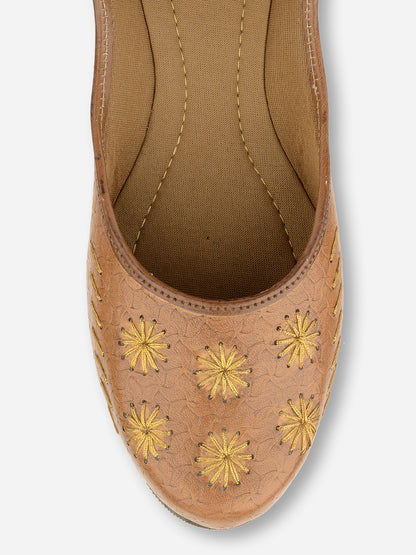 DESI COLOUR Women Brown Embellished Leather Ethnic Ballerinas Flats