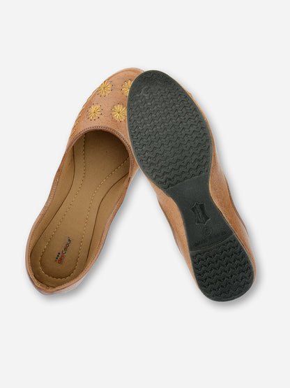 DESI COLOUR Women Brown Embellished Leather Ethnic Ballerinas Flats