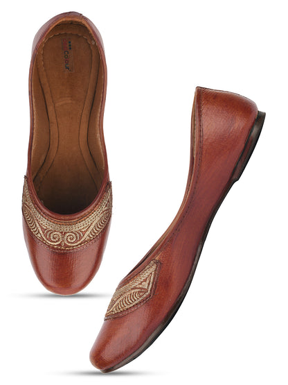 DESI COLOUR Women Brown Embellished Leather Ethnic Mojaris Flats