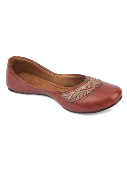 DESI COLOUR Women Brown Embellished Leather Ethnic Mojaris Flats