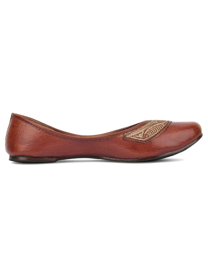 DESI COLOUR Women Brown Embellished Leather Ethnic Mojaris Flats