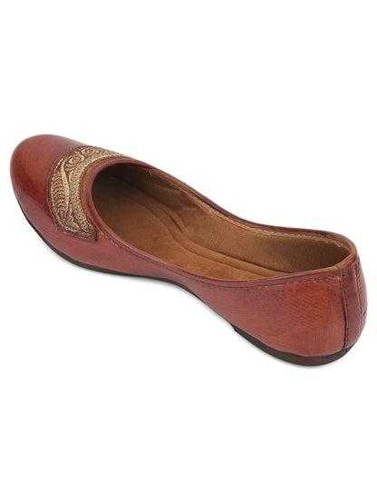 DESI COLOUR Women Brown Embellished Leather Ethnic Mojaris Flats