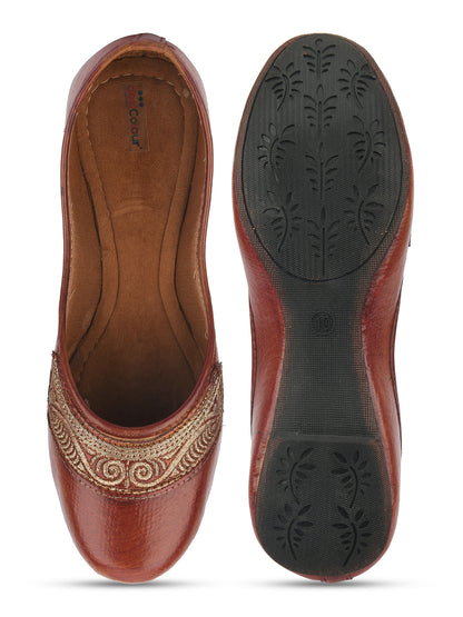 DESI COLOUR Women Brown Embellished Leather Ethnic Mojaris Flats