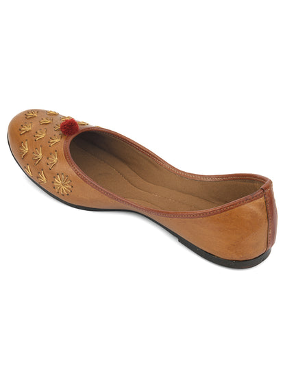 DESI COLOUR Women Brown Embellished Leather Ethnic Mojaris Flats