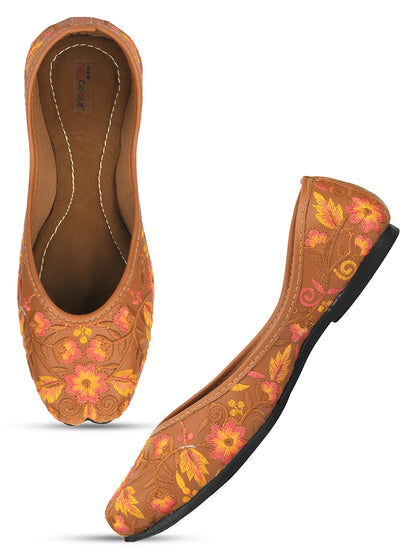 DESI COLOUR Women Brown Woven Design Ethnic Mojaris Flats