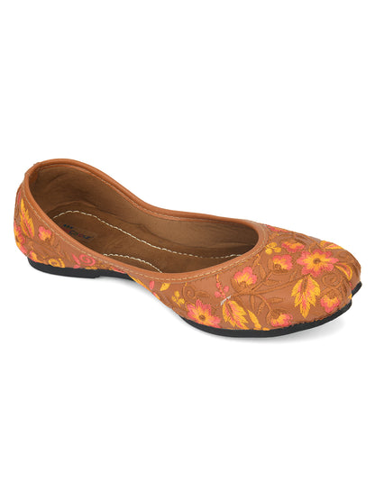 DESI COLOUR Women Brown Woven Design Ethnic Mojaris Flats