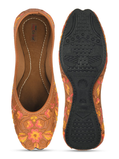 DESI COLOUR Women Brown Woven Design Ethnic Mojaris Flats