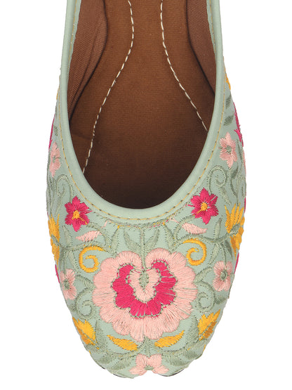 DESI COLOUR Women Sea Green Ethnic Mojaris Flats