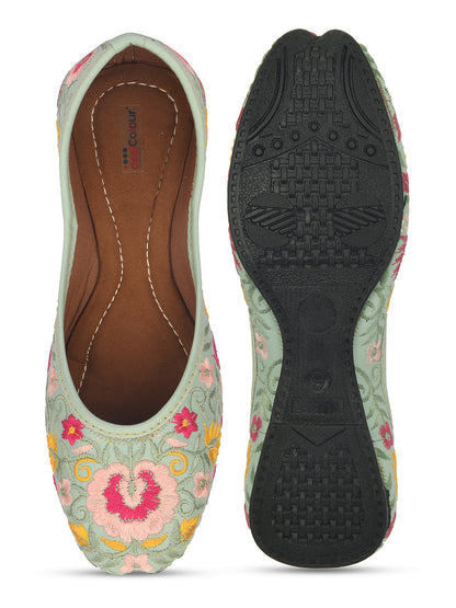 DESI COLOUR Women Sea Green Ethnic Mojaris Flats