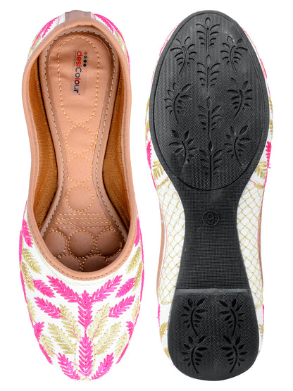 DESI COLOUR Women White Ethnic Mojaris with Embroidered Flats