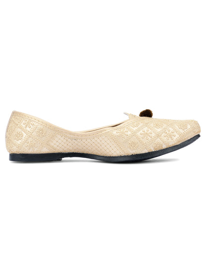 DESI COLOUR Women Gold-Toned Embellished Leather Ethnic Mojaris Flats