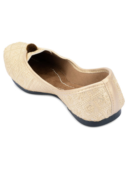 DESI COLOUR Women Gold-Toned Embellished Leather Ethnic Mojaris Flats