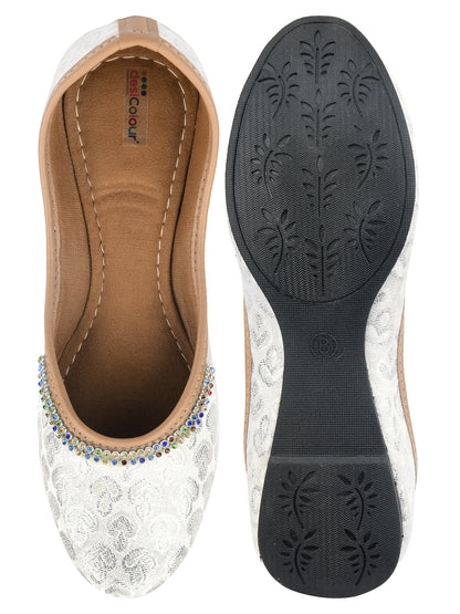 DESI COLOUR Women Silver-Coloured Ethnic Mojaris Flats