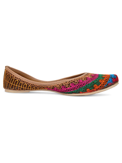 DESI COLOUR Women Orange Ethnic Mojaris with Embroidered Flats