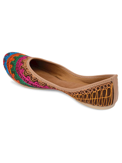 DESI COLOUR Women Orange Ethnic Mojaris with Embroidered Flats