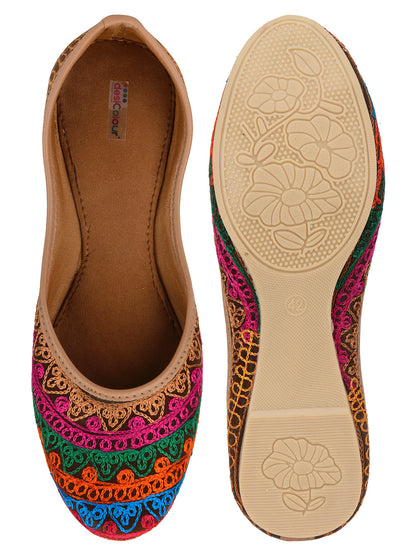 DESI COLOUR Women Orange Ethnic Mojaris with Embroidered Flats