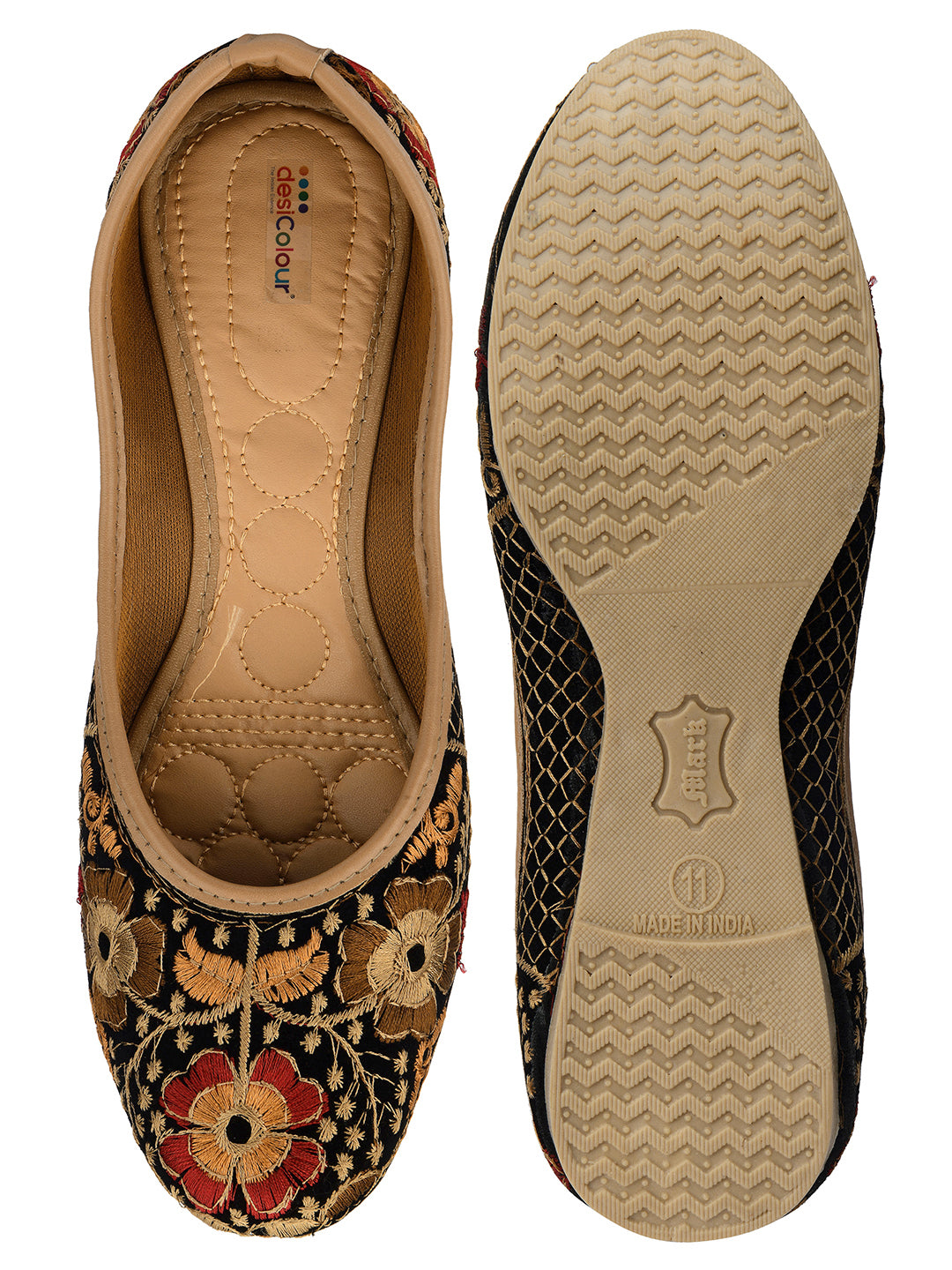 DESI COLOUR Women Black  Beige Ethnic Mojaris Flats