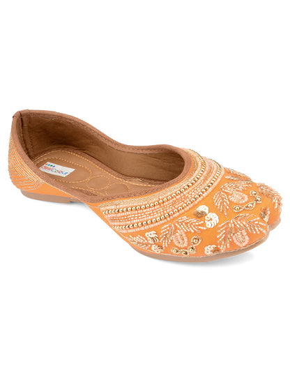 DESI COLOUR Women Orange Embellished Leather Ethnic Ballerinas Flats