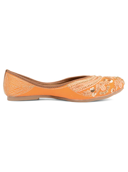 DESI COLOUR Women Orange Embellished Leather Ethnic Ballerinas Flats