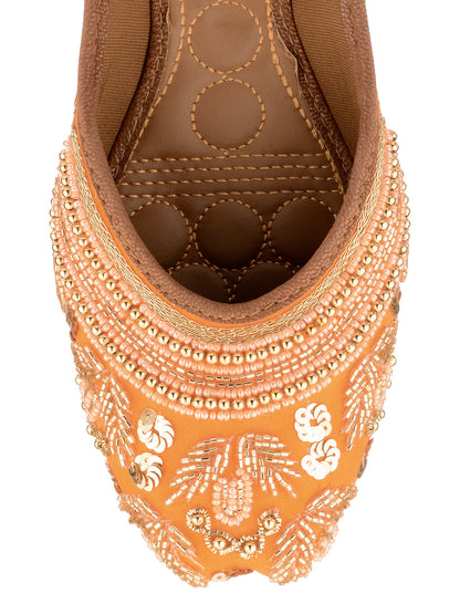 DESI COLOUR Women Orange Embellished Leather Ethnic Ballerinas Flats