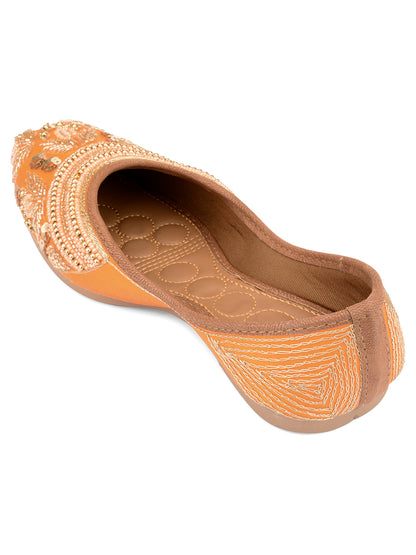 DESI COLOUR Women Orange Embellished Leather Ethnic Ballerinas Flats