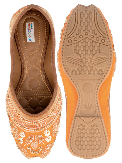 DESI COLOUR Women Orange Embellished Leather Ethnic Ballerinas Flats