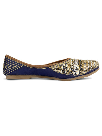 DESI COLOUR Woman Blue Ethnic Embellished Mojaris Flats