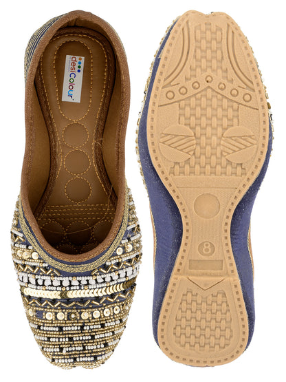 DESI COLOUR Woman Blue Ethnic Embellished Mojaris Flats