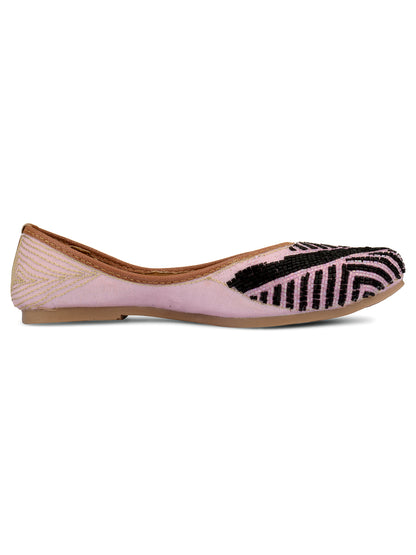 DESI COLOUR Women Pink Printed Leather Ethnic Mojaris with Laser Cuts Flats